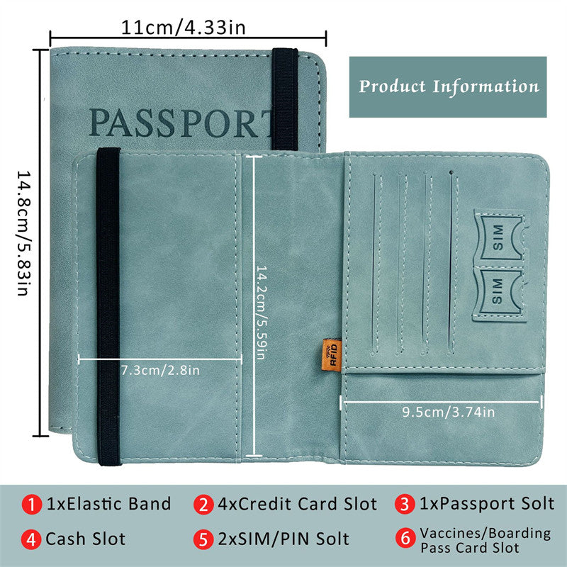 A light blue passport wallet featuring slots for a passport, credit cards, SIM cards, and vaccines.