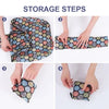 Four steps showing how to fold a reusable eco tote shopping bag