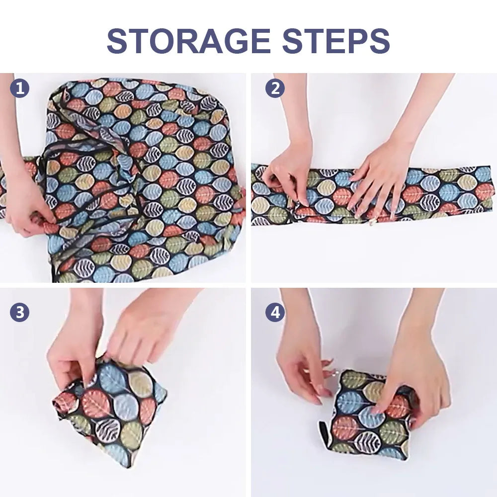Four steps showing how to fold a reusable eco tote shopping bag