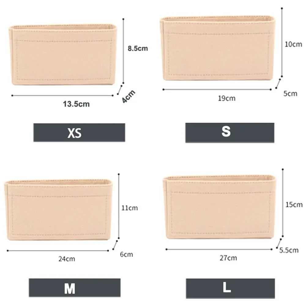 Ein Set aus vier Filz-Handtaschen-Organizer-Einlagen in Größen XS, S, M und L, die ihre Maße zeigen.