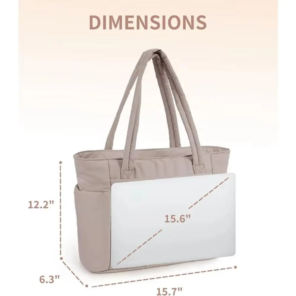 A light beige quilted padded tote bag shown with its dimensions labeled.