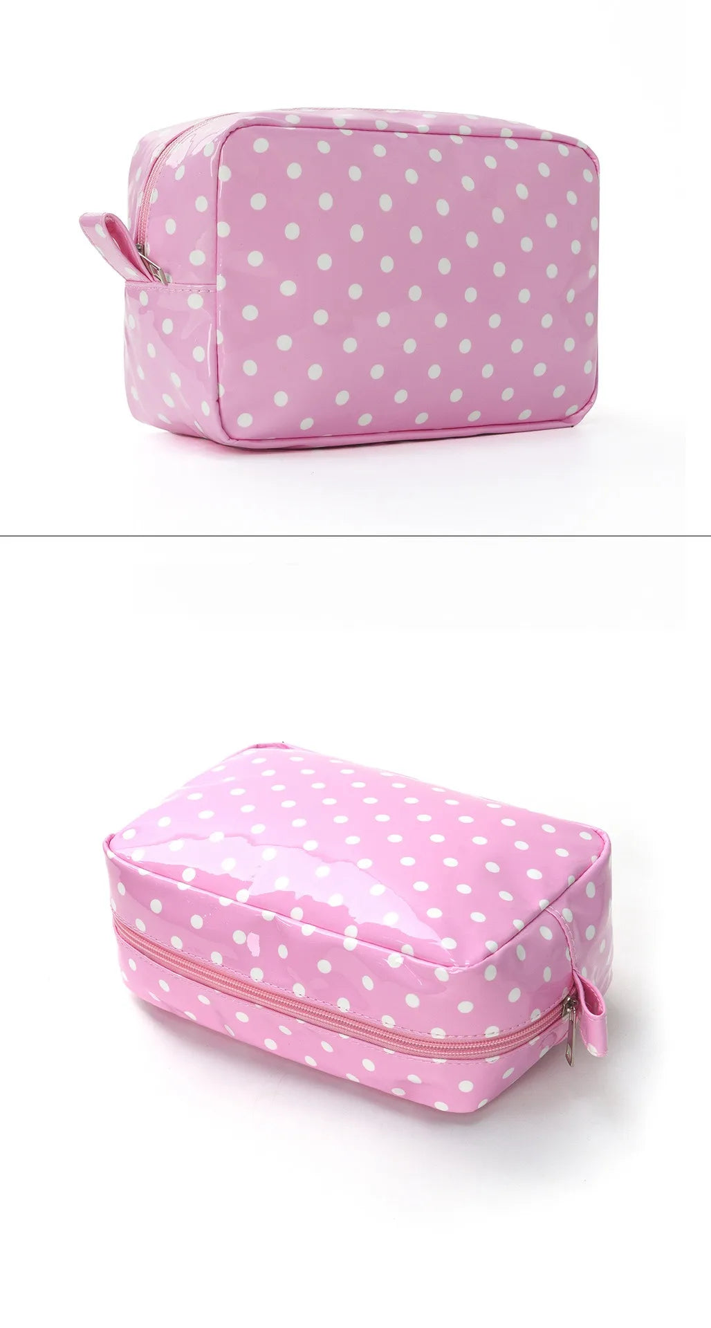 A pink waterproof cosmetic storage bag with white polka dots, shown from the top and side.