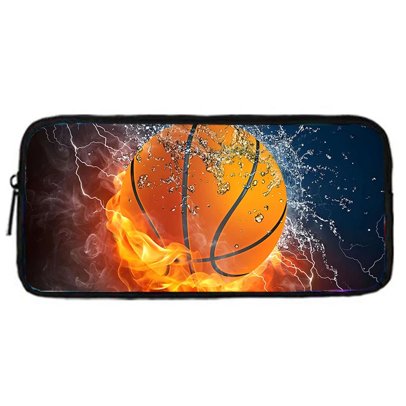 A black laptop sleeve featuring a dramatic image of a basketball surrounded by electrical sparks and flames.