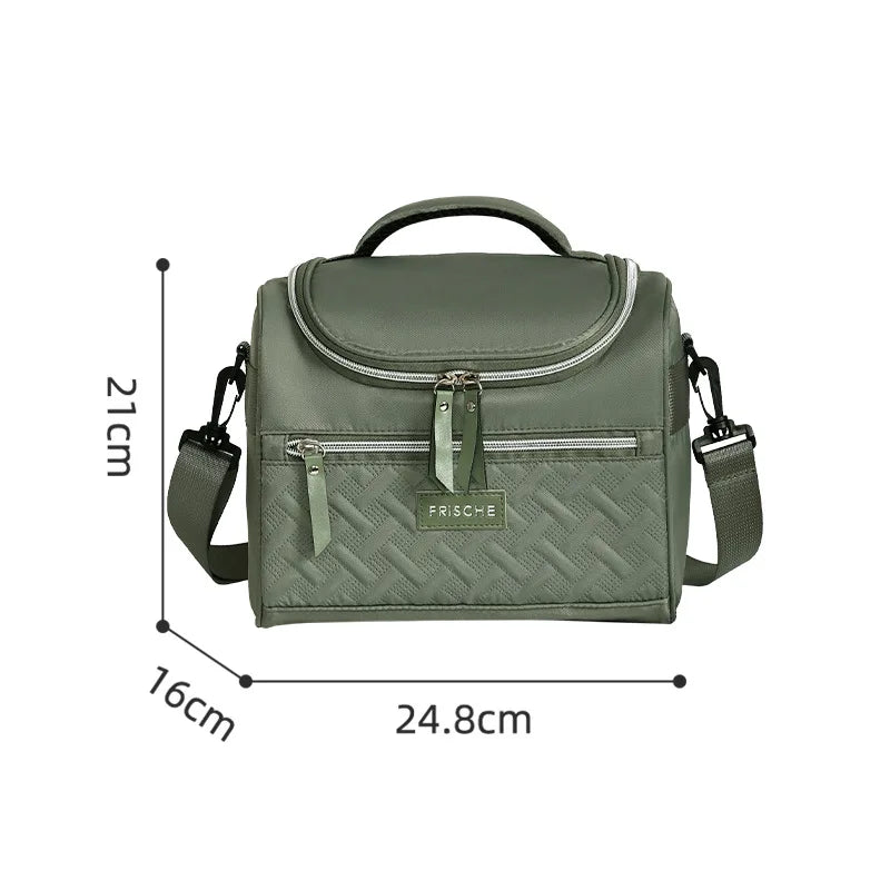 A olive green insulated picnic cooler backpack shown with dimensions 21cm high, 16cm wide, and 24.8cm long.