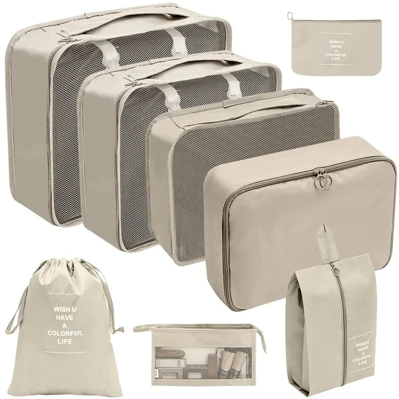 A set of beige fabric storage organizers and a matching drawstring bag for keeping items organized