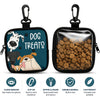 Black pouch for dog treats with a clear window, featuring illustrations of dogs and various features.