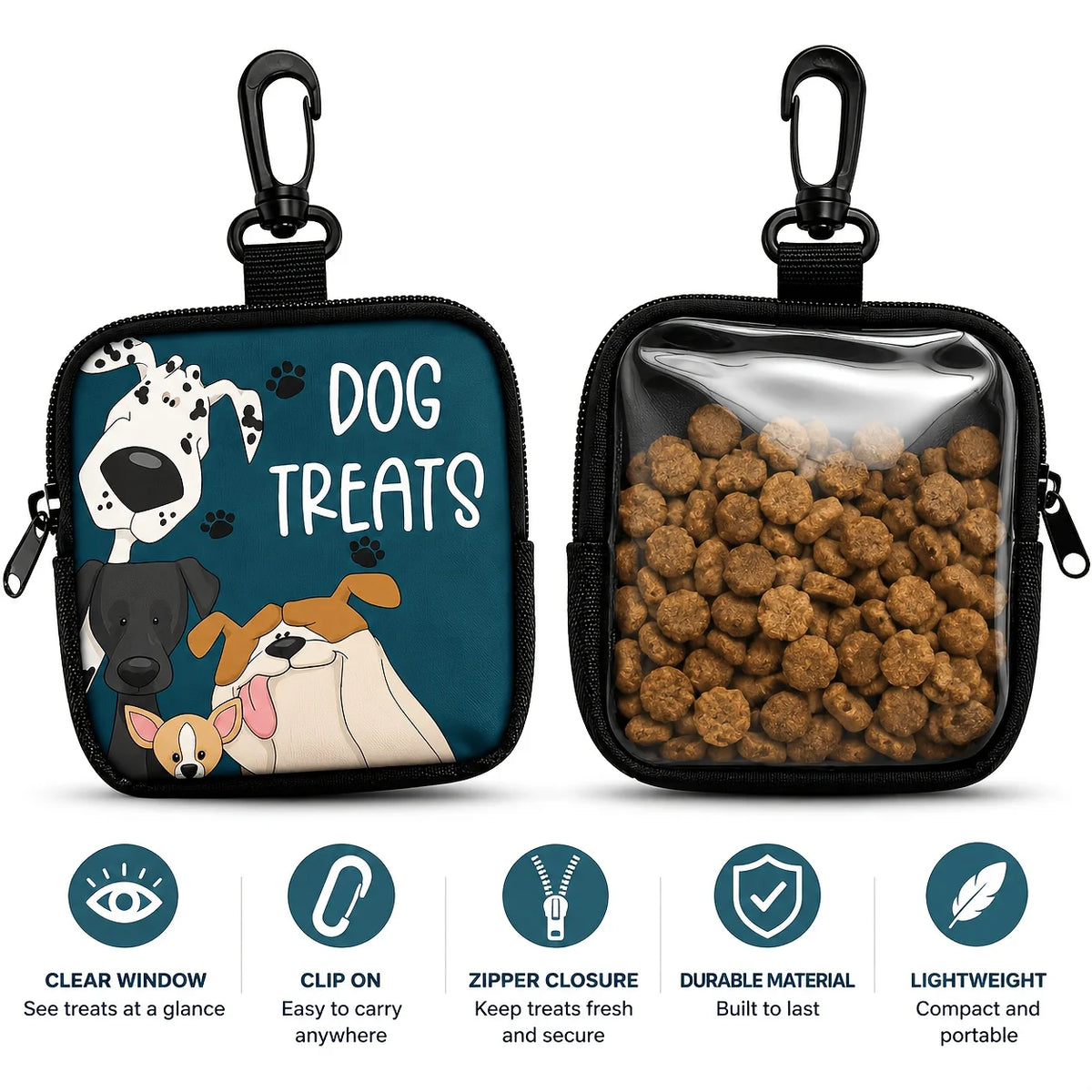 Black pouch for dog treats with a clear window, featuring illustrations of dogs and various features.