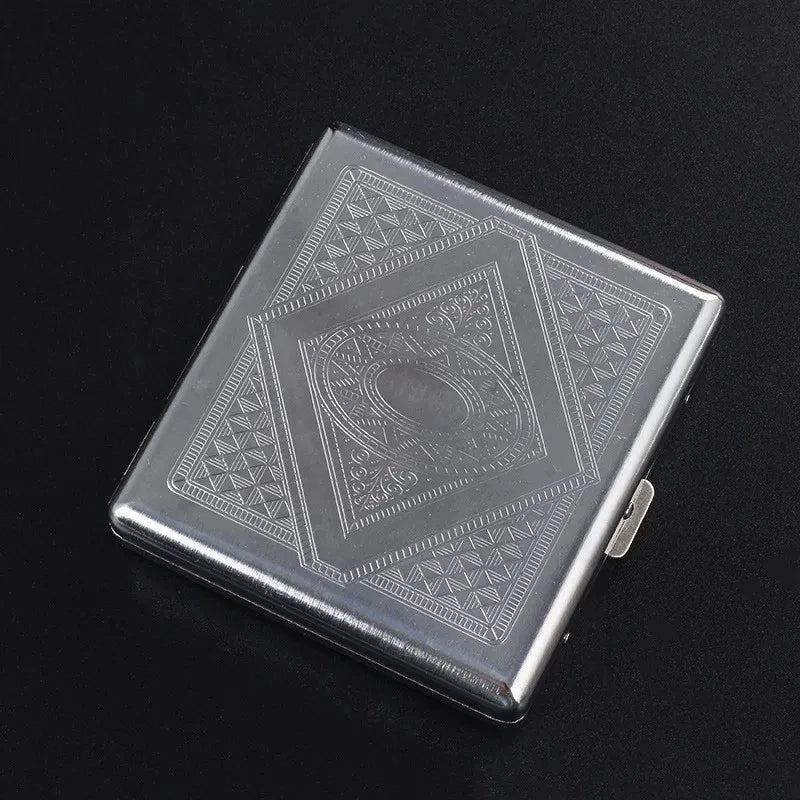 A silver decorative metal cigarette storage box with intricate geometric patterns.