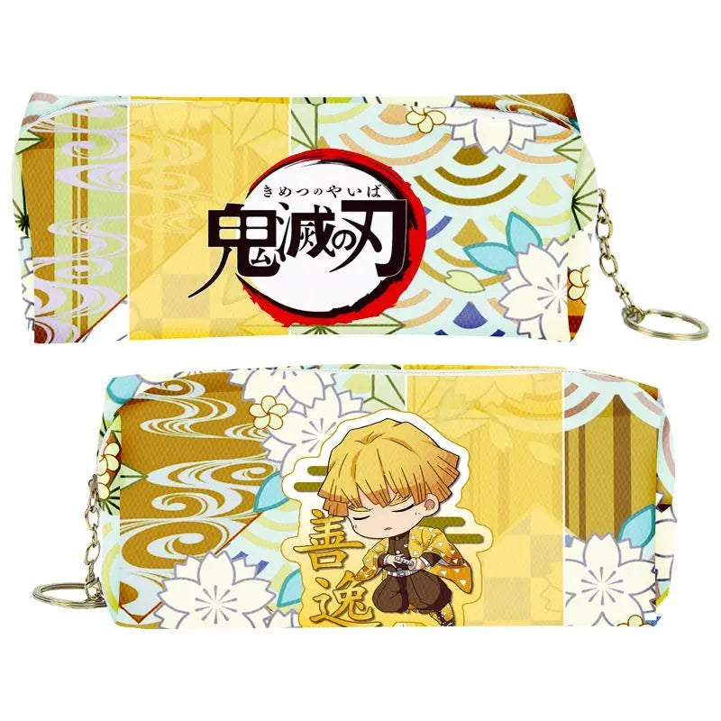 A yellow and white patterned PU leather pencil case featuring a Demon Slayer design with Japanese text.