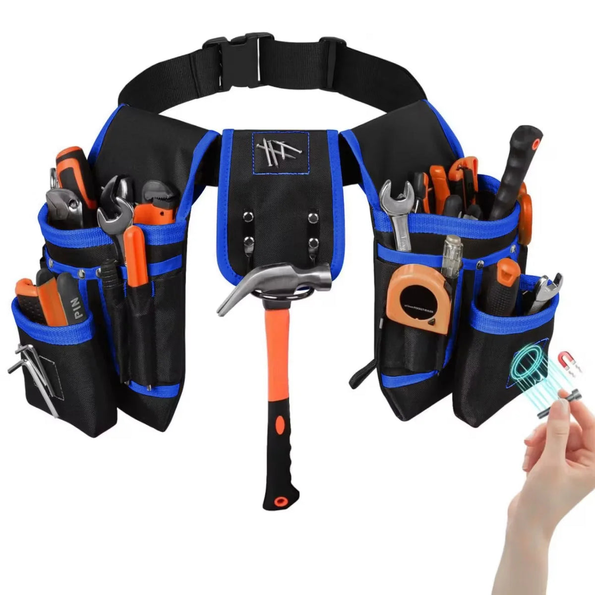A black utility tool belt bag with blue accents holds various hand tools and accessories.