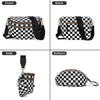 A checkered black and white patterned crossbody sling bag shown from the front, back, side, and bottom views.
