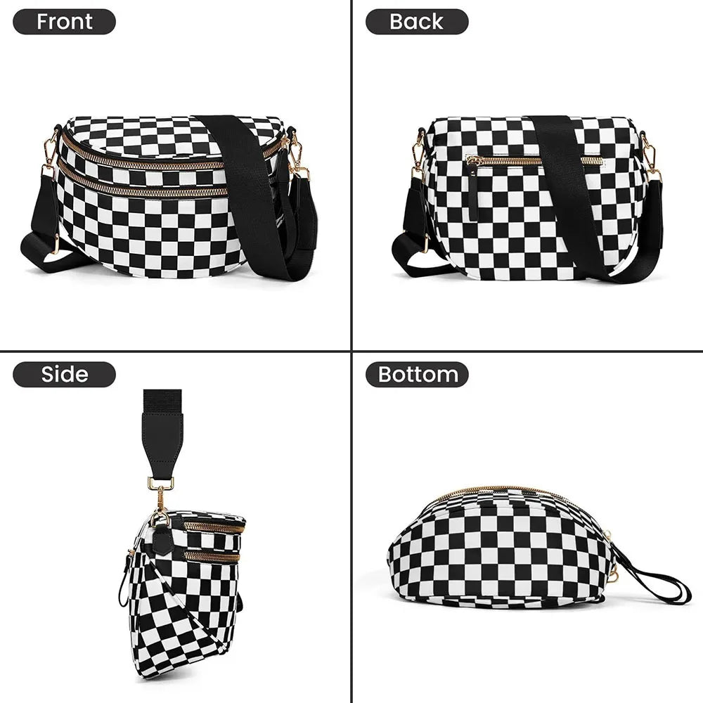 A checkered black and white patterned crossbody sling bag shown from the front, back, side, and bottom views.