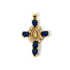 18K gold plated cross and Virgin Mary charm pendant with cubic zirconia featuring blue stones.