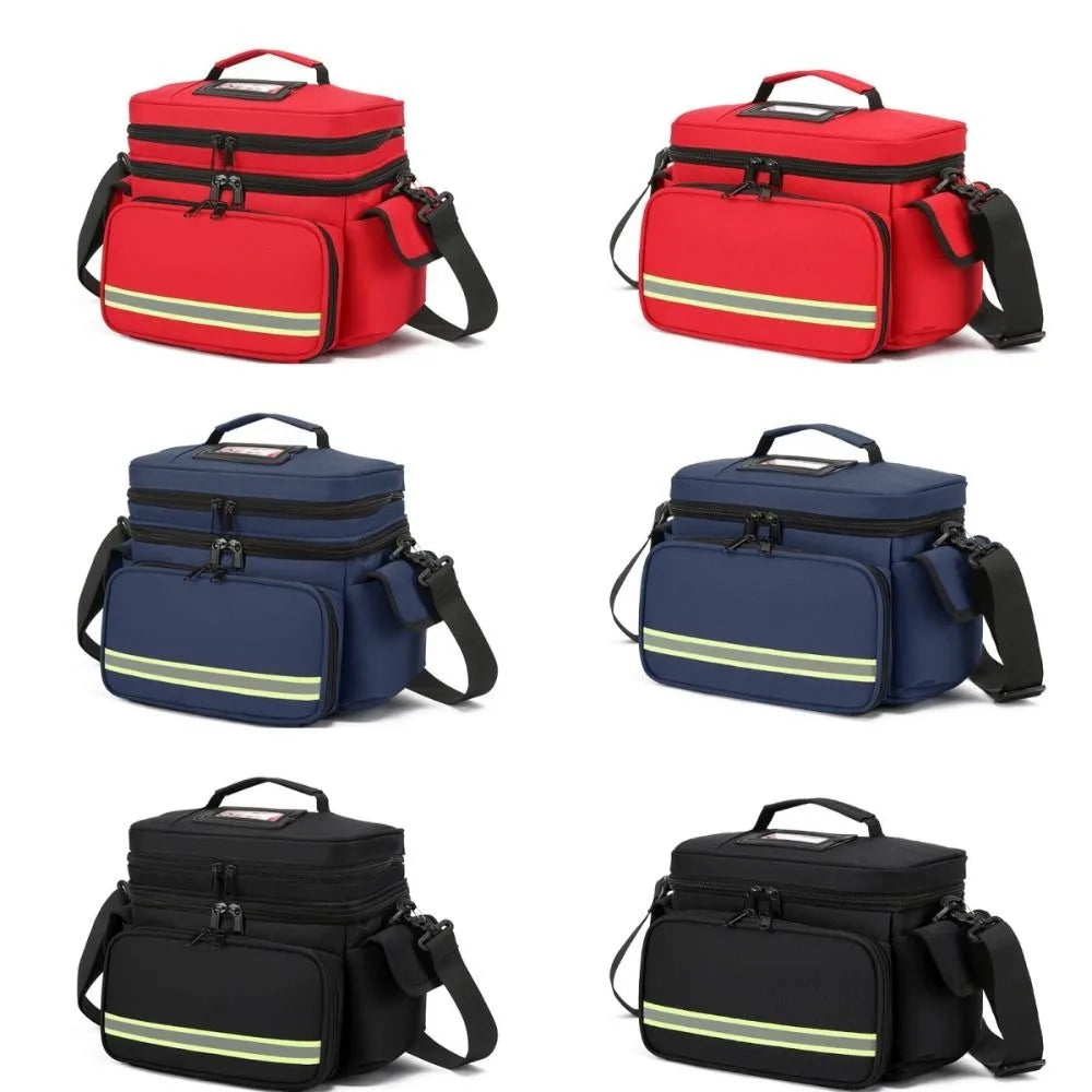 A set of black, red, and blue durable waterproof emergency trauma bags shown in various colors and angles.