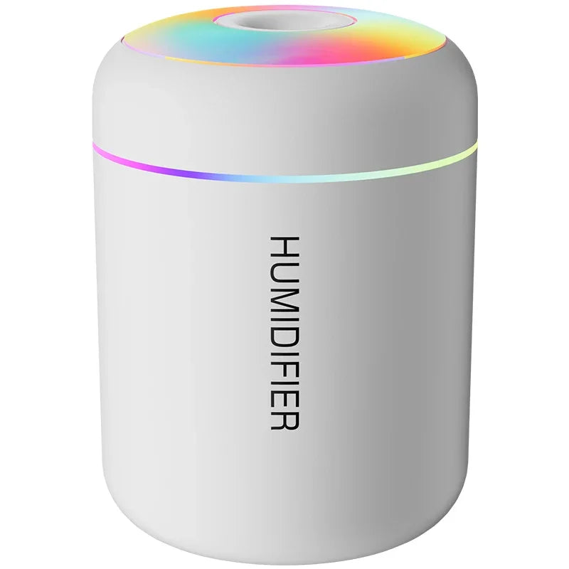A white mini USB electric aroma diffuser with a multicolored light ring on top.
