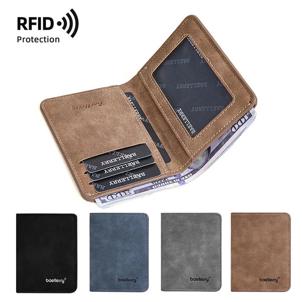 A brown leather bi-fold wallet with RFID protection features shown alongside individual wallets.
