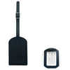 A dark navy blue PU leather luggage tag with a silver clip and a rectangular tag section.