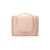 A light pink waterproof hanging toiletry bag with a handle and zipper.