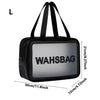 Black waterproof toiletry bag with a clear window showing the inside.