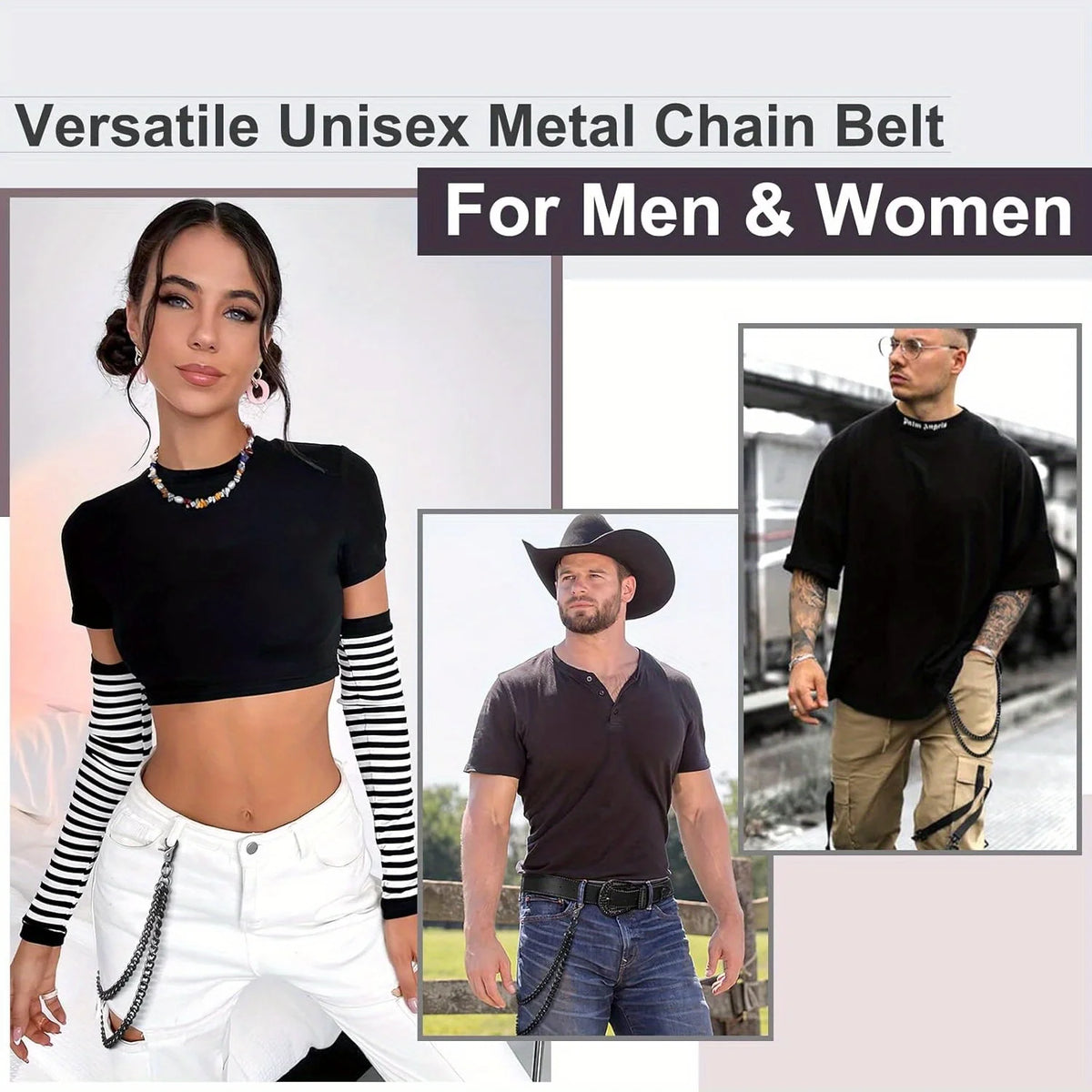 Vielseitiger Unisex-Metallkettengurt, gezeigt auf einer Frau und einem Mann für Damen und Herren
