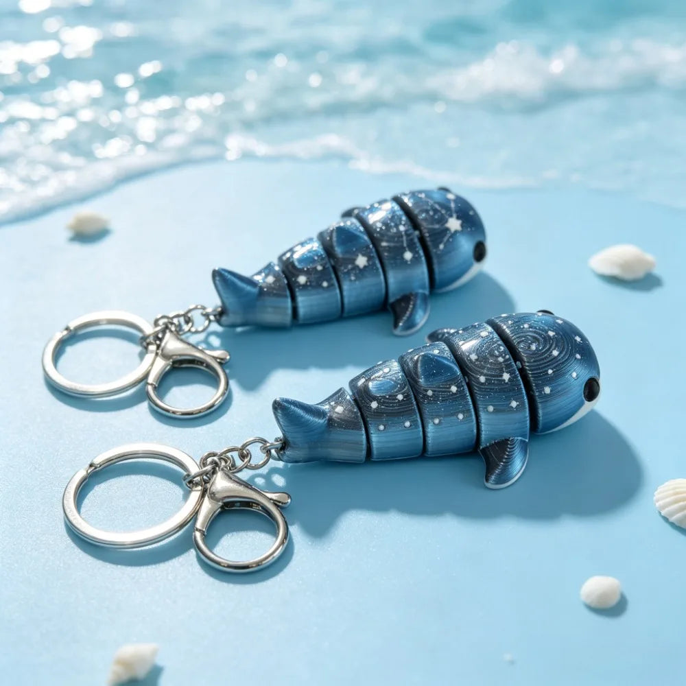 A blue and silver 3D printed devil ray figurine with starry patterns floating on a light blue water surface.