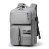A gray unisex large capacity travel backpack shown from the front.