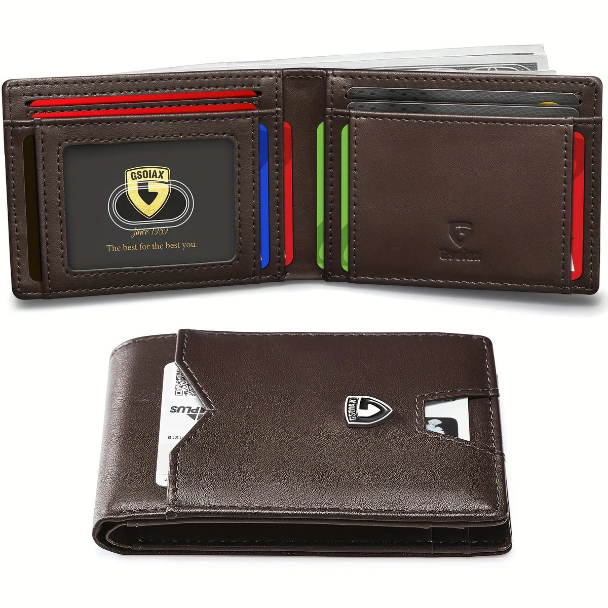 A brown leather card holder with a geometric design showing multiple slots and a logo.
