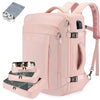 A pink expandable travel backpack with multiple pockets and attached packing cubes is shown alongside loose packing cubes.