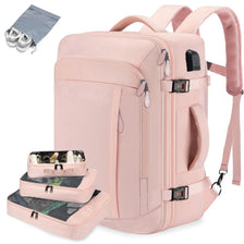 A pink expandable travel backpack with multiple pockets and attached packing cubes is shown alongside loose packing cubes.