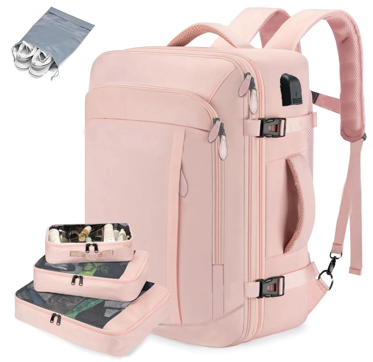 A pink expandable travel backpack with multiple pockets and attached packing cubes is shown alongside loose packing cubes.