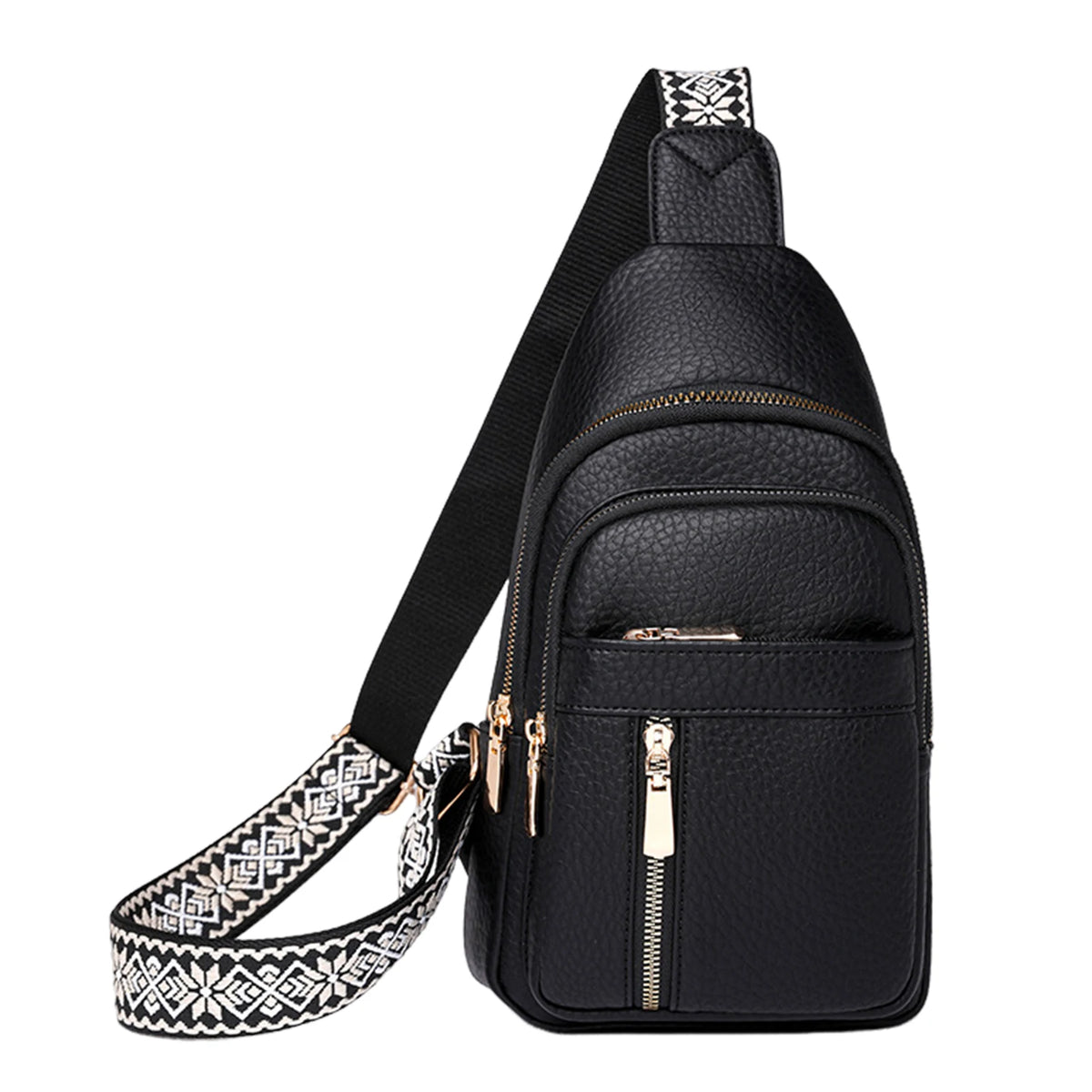 Black PU leather crossbody chest bag with patterned strap and gold hardware