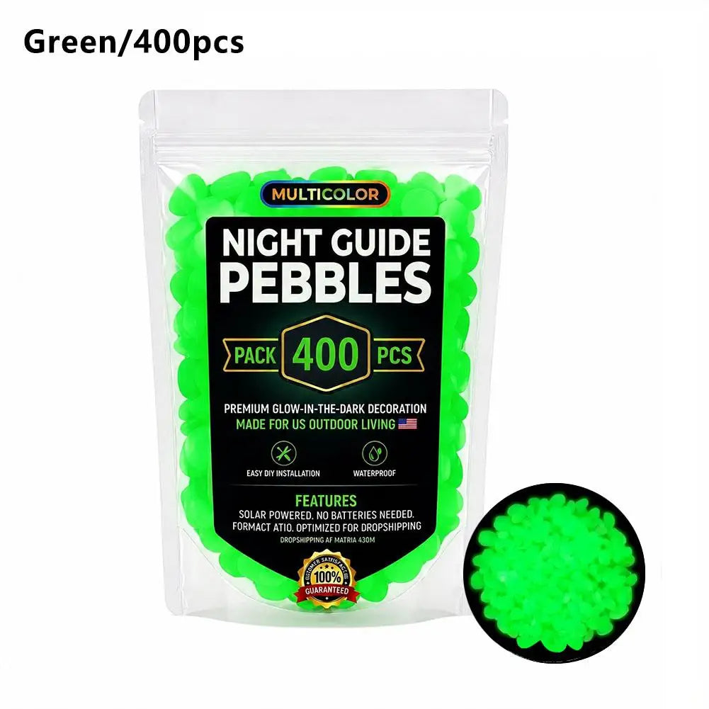 A sealed bag of green glow-in-the-dark solar pebbles for outdoor decoration.