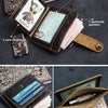 A genuine leather card wallet showing various storage positions including a driver's license, banknotes, and cards.