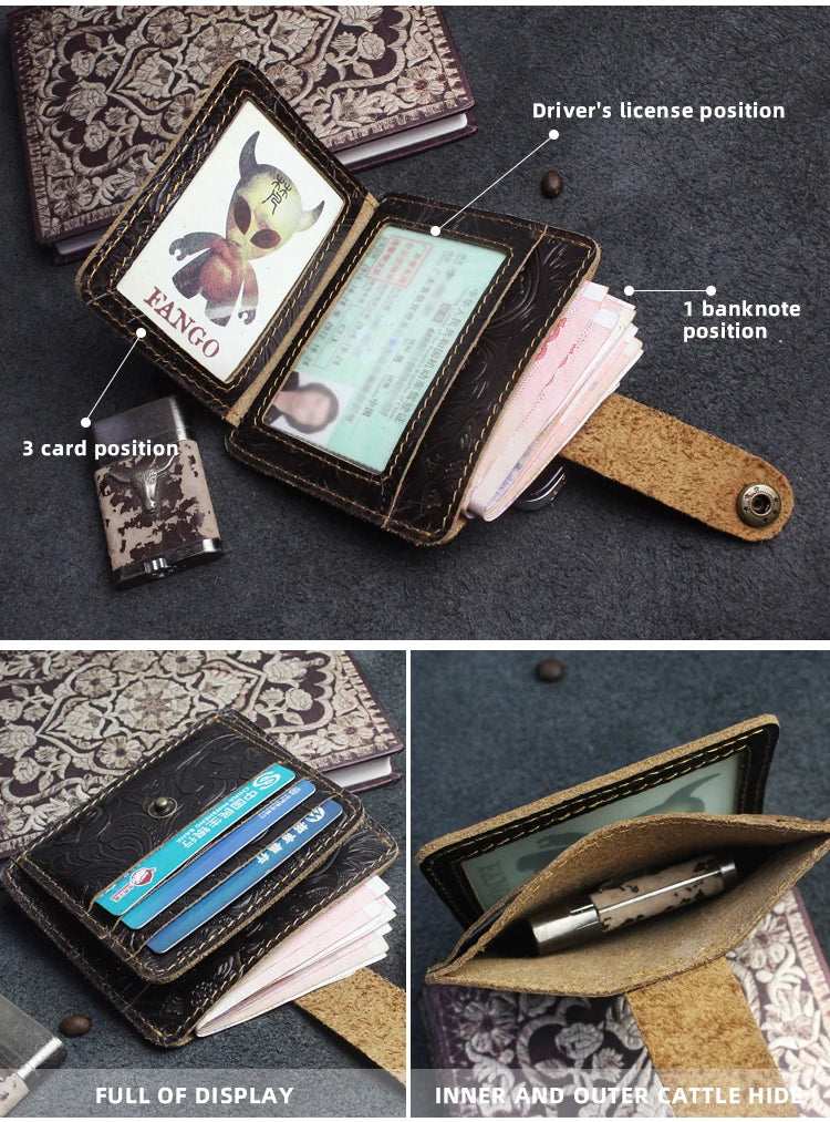A genuine leather card wallet showing various storage positions including a driver's license, banknotes, and cards.