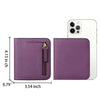 A purple compact bi-fold leather wallet next to an iPhone, showing its dimensions.