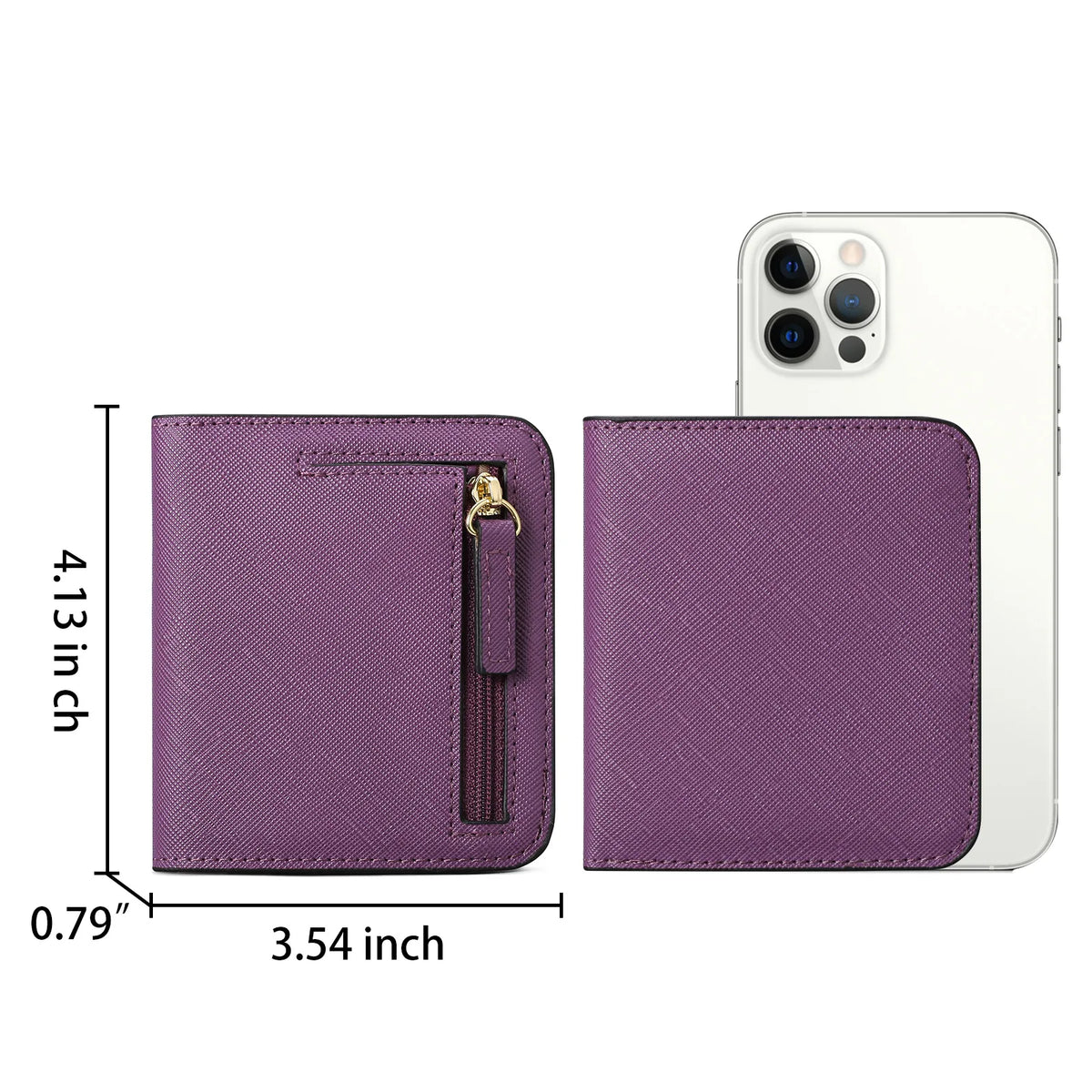 A purple compact bi-fold leather wallet next to an iPhone, showing its dimensions.