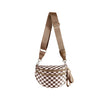 A brown leather multi-functional waist bag with a checkered pattern and a matching strap.