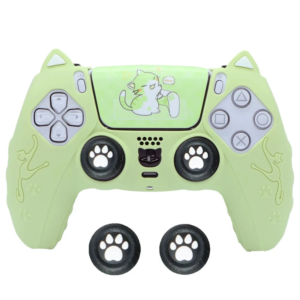 A lime green silicone grip cover for a PlayStation controller featuring a cat design.