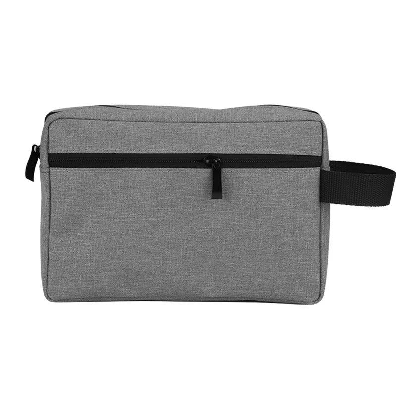Sac organisateur de toilette gris avec fermeture éclair et sangle noire.