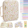 A quilted floral bible cover with a built-in pen holder and a set of colored pens.