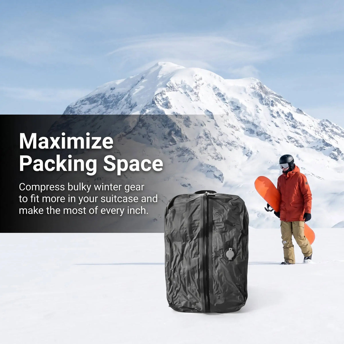 A black vacuum storage bag is shown in a snowy mountain landscape with a person standing nearby.
