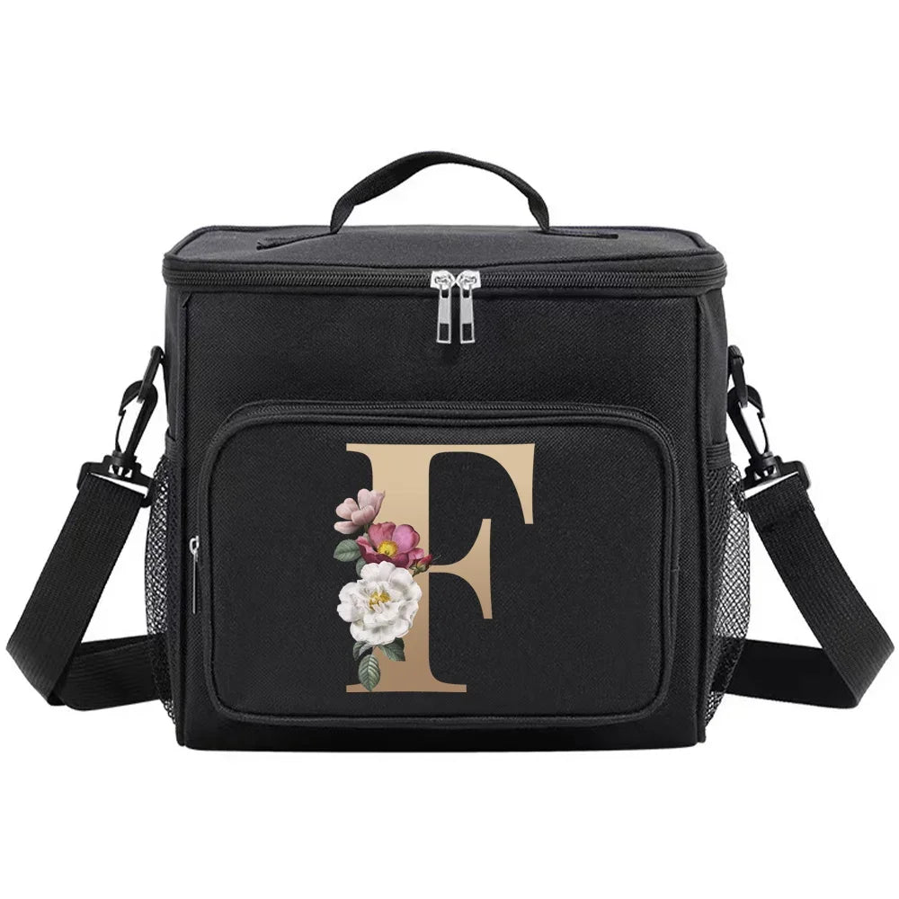 Black insulated canvas lunch bag with a gold initial F and dual handles