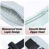Close-up details of a slim waterproof running waist pack showing the inner layer, zipper head, and adjustable waist buckle.