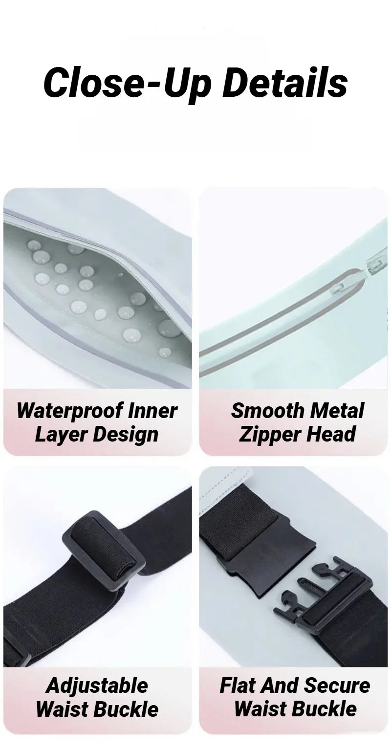 Close-up details of a slim waterproof running waist pack showing the inner layer, zipper head, and adjustable waist buckle.