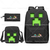 A black backpack featuring a Minecraft-themed design with a pixelated green character.