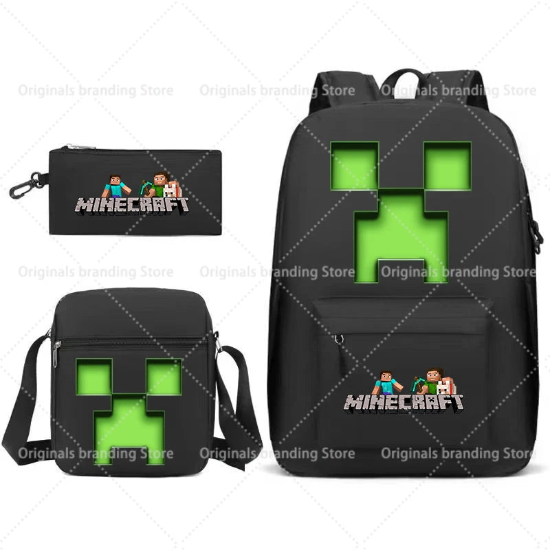 A black backpack featuring a Minecraft-themed design with a pixelated green character.