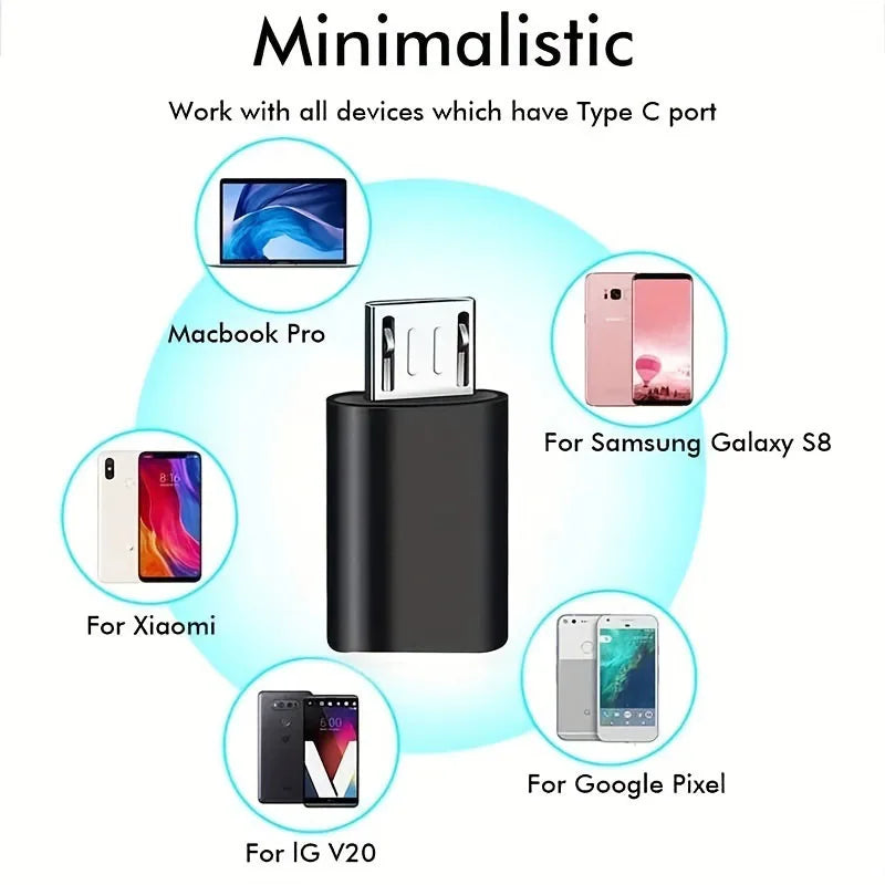 A black adapter for converting Type C ports to work with various devices like MacBook Pro, Samsung Galaxy S8, Xiaomi, and Goo