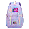 A purple and pink Jacquard laptop backpack featuring a fluffy pom-pom and colorful graphic designs.