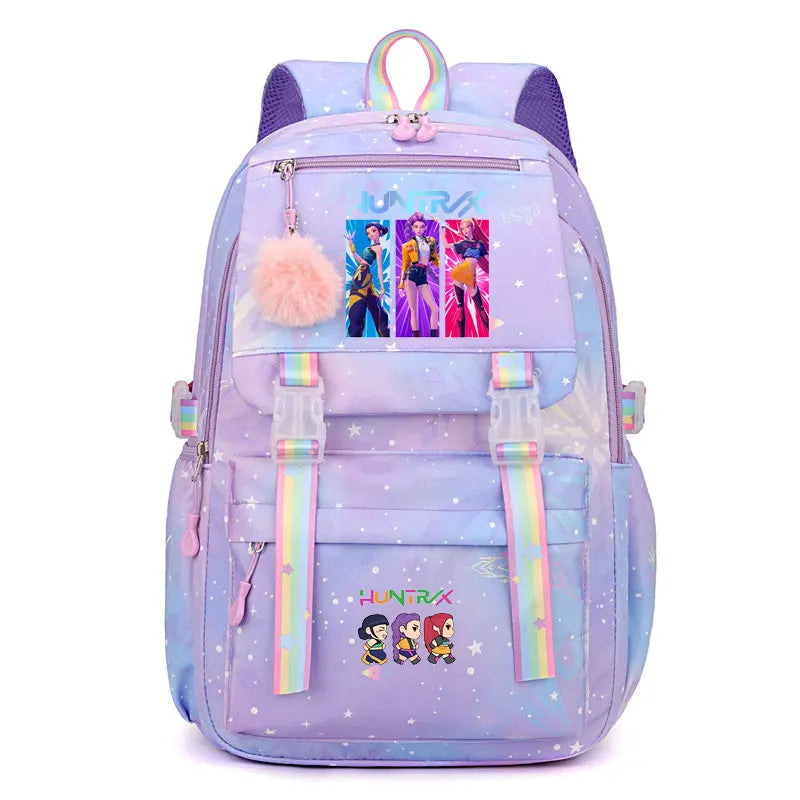 A purple and pink Jacquard laptop backpack featuring a fluffy pom-pom and colorful graphic designs.