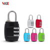 A set of three-dial combination padlocks in black, white, red, and green for luggage and travel.